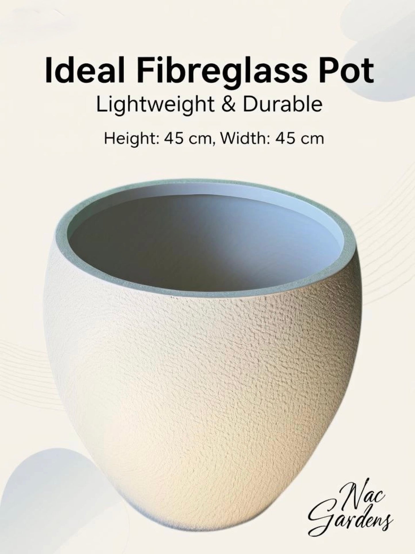 45cm Fibreglass Pot Planter -  white – Lightweight & Durable Modern Outdoor / Indoor Pot